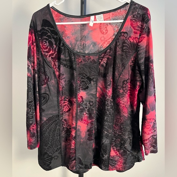 Sami & Jo Tops - Sami & Jo Y2K Top Black Red Flocked Velvet Floral Scoop Neck Tie Dye Stretch XL